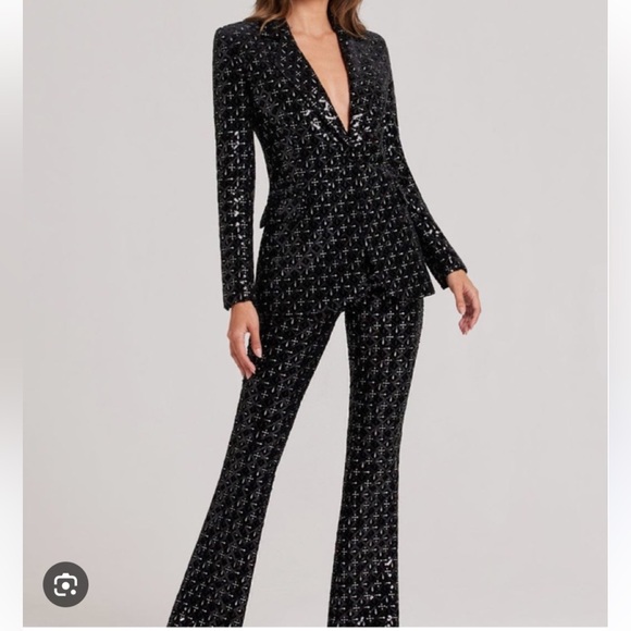 NADINE MERABI Pants - Nadine Merabi Black Meghan Velvet Sequin Flared Pants